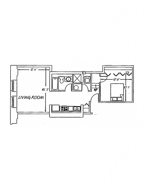 Floor plan for 1 bed, 1 bath, 634 sqft